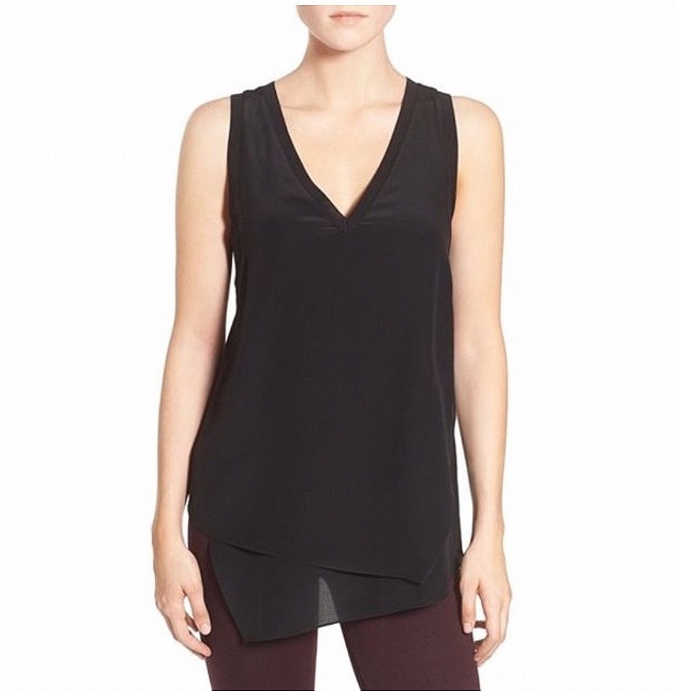 Trouve Silk V-Neck Shell Minimalist Black Tank‎ Top Ribbed Trim XS